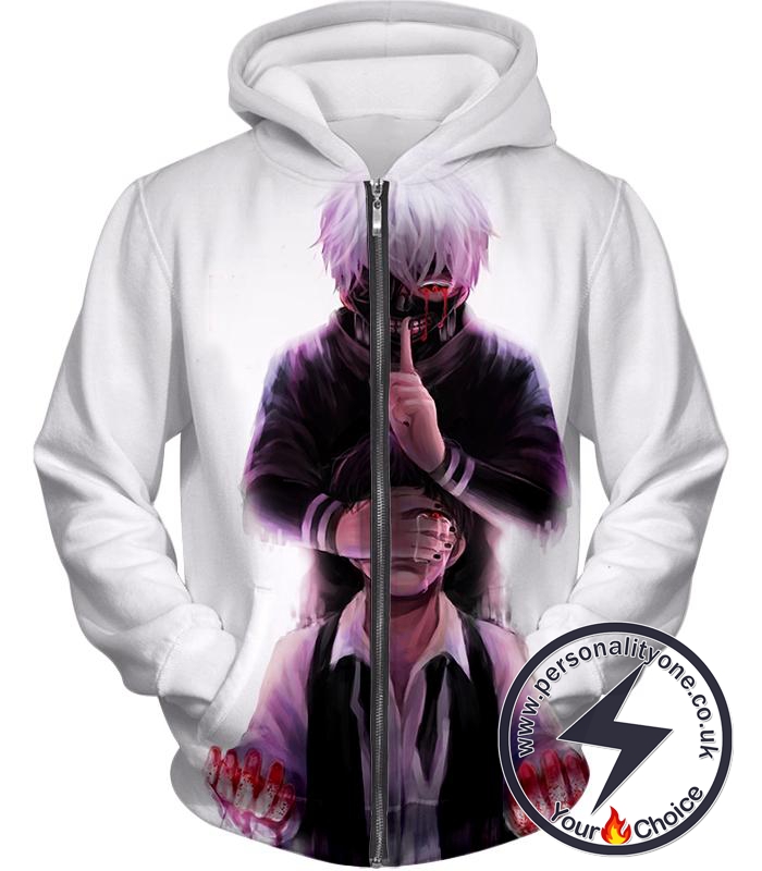 Tokyo Ghoul Human Turned Ghoul Ken Kaneki Awesome White Zip Up Hoodie